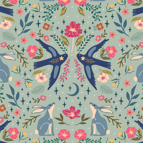 Pattern with birds, flowers, and rabbits on a blue background