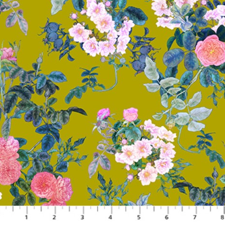 Floral pattern with pink flowers and green leaves on a mustard yellow background