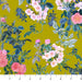 Floral pattern with pink flowers and green leaves on a mustard yellow background
