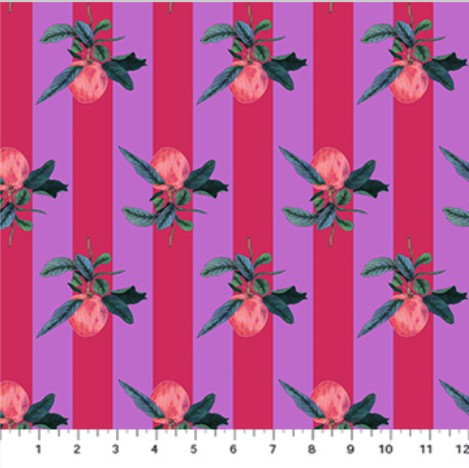 Pattern of peach illustrations with green leaves on a striped pink and purple background.