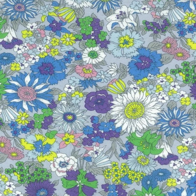 Kokka Flownny Lawn Cosmo Mix in Grey/Blue