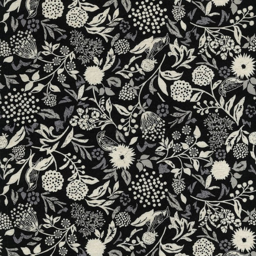 Floral pattern with white flowers and leaves on a black background