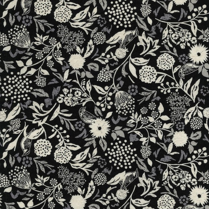Floral pattern with white flowers and leaves on a black background