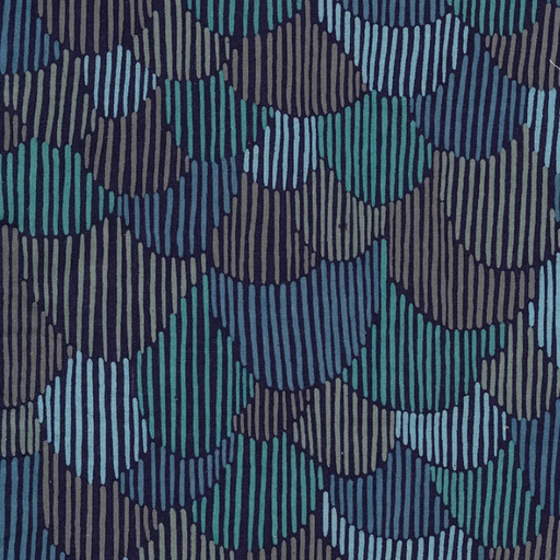 close up of fabric swatch with lines in the shapes of Scallops in Teal and blue tones on a black background