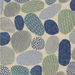 A close-up of a fabric or wallpaper pattern featuring organic, pebble-like shapes in muted blue, sage green, and gray on a warm off-white textured background.