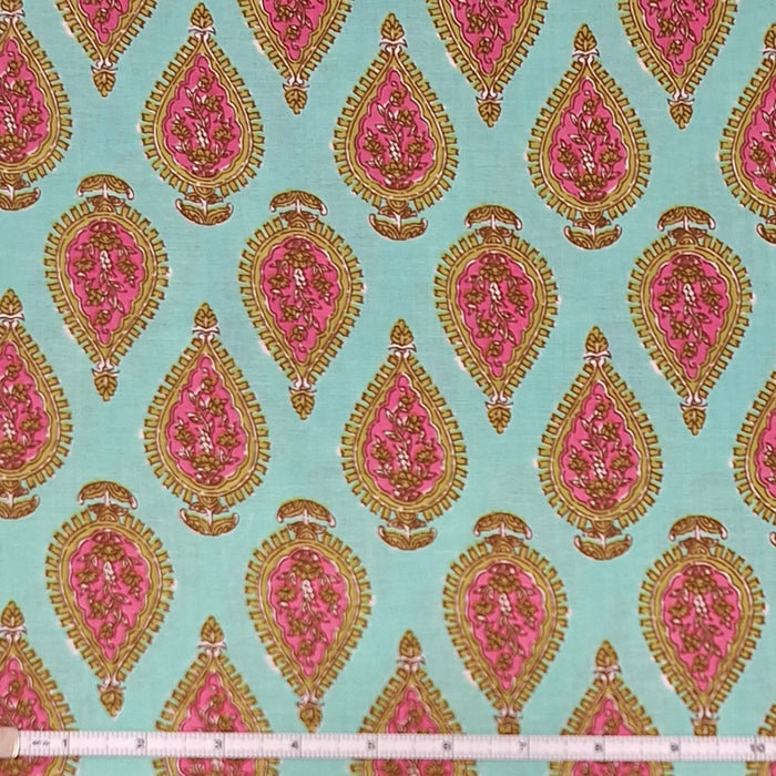 Indian Cotton 2025 - Jaipur Screen Printed Cotton Cambric- Pink Motif on Aqua