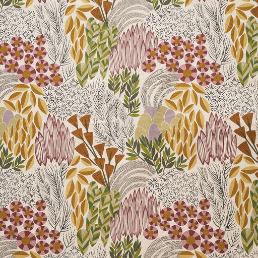 Patterned fabric with floral and leaf designs in earthy tones on a beige background