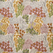 Patterned fabric with floral and leaf designs in earthy tones on a beige background