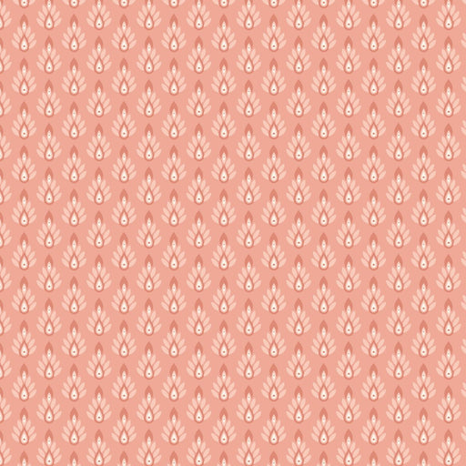 A repeating pattern of small teardrop-shaped motifs in light pink and white on a warm coral-pink background.