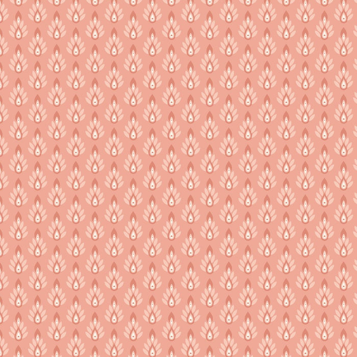 A repeating pattern of small teardrop-shaped motifs in light pink and white on a warm coral-pink background.