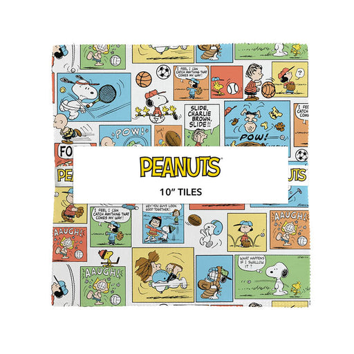 Peanuts-themed 10" tiles with various cartoon characters and scenes on a white background.