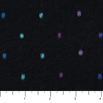 Black fabric with colorful geometric patterns on a scale background