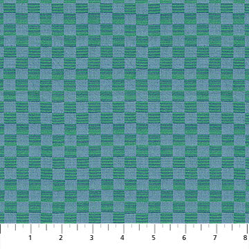 Checkered fabric pattern with alternating green and blue squares on a white background.