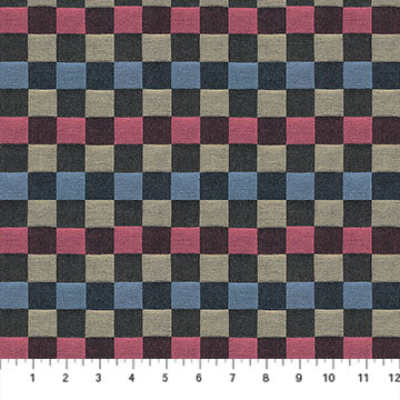 Checkered fabric pattern with black, pink, blue, and beige squares.