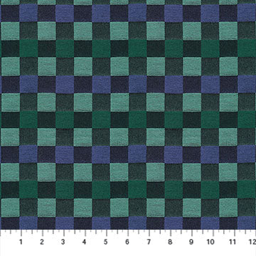 Checkered fabric pattern with green and blue squares on a white background