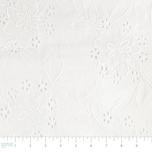 White floral lace pattern on a white background with a scale at the bottom.