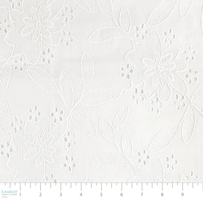 White floral lace pattern on a white background with a scale at the bottom.