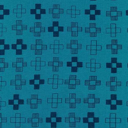 black printed crosses on deep teal background on quilting cotton