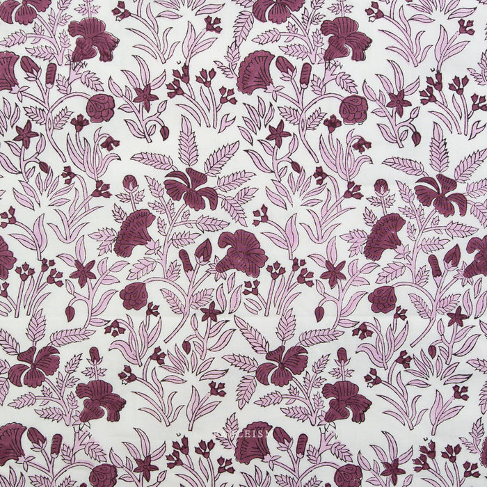 Floral pattern with purple flowers and green leaves on a light background