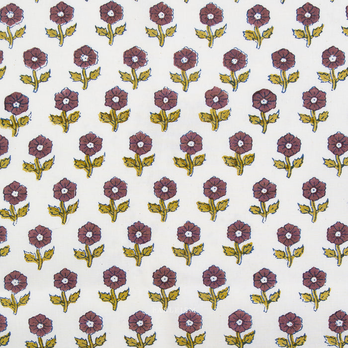 Pattern of purple flowers with green stems on a white background