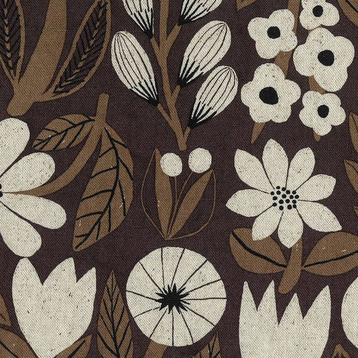 Gather by Bookhou, Cotton/Linen Lightweight Canvas - Flowers in Brown