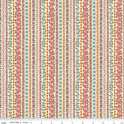 Floral stripe pattern fabric with a ruler for scale