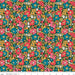 Floral fabric pattern with pink, blue, and green flowers on a dark background