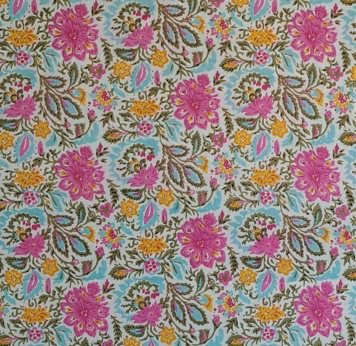 Indian Cotton 2026 - "Modern" Screen Printed Cotton Cambric - Florals on Turquoise