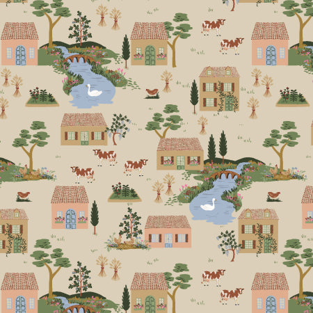 Pattern of small houses, trees, and animals on a beige background
