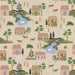 Pattern of small houses, trees, and animals on a beige background