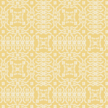 Repeating pattern of decorative elements on a yellow background