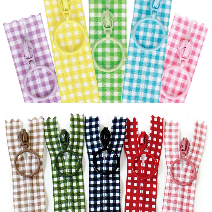 Circle Tab Zippers - Gingham, 20cm - Choose Your Colour