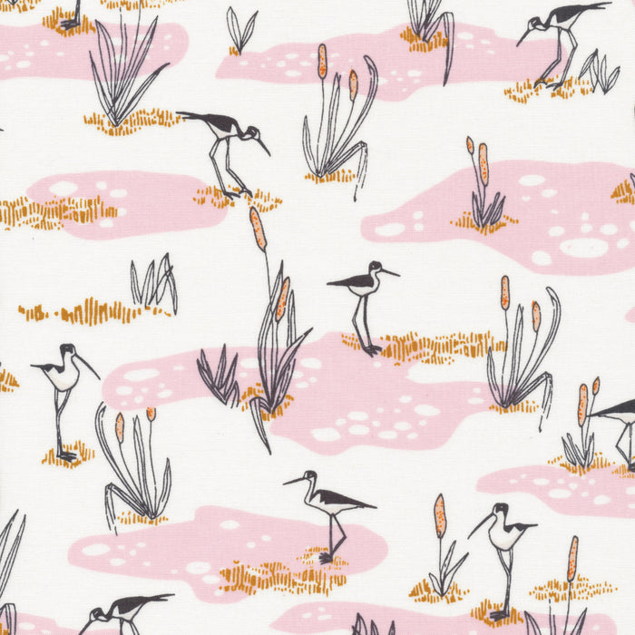 Bird's Eye View Organic Cotton  - Wetland Cranes in Pink