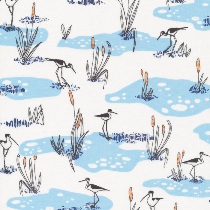 Bird's Eye View Organic Cotton  - Wetland Cranes in Blue
