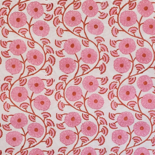 Block Printed Indian Cotton  - Flowers and Vines in Pink