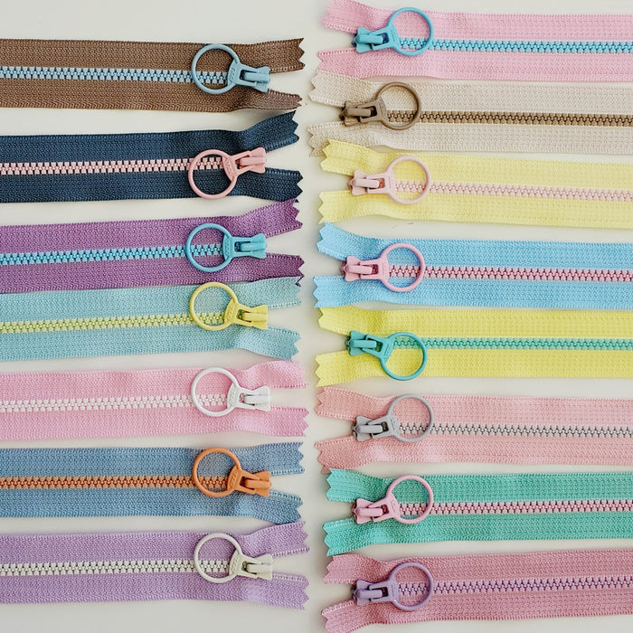 Two-colour Circle Tab Zippers - 20cm 0 New Softer Colours