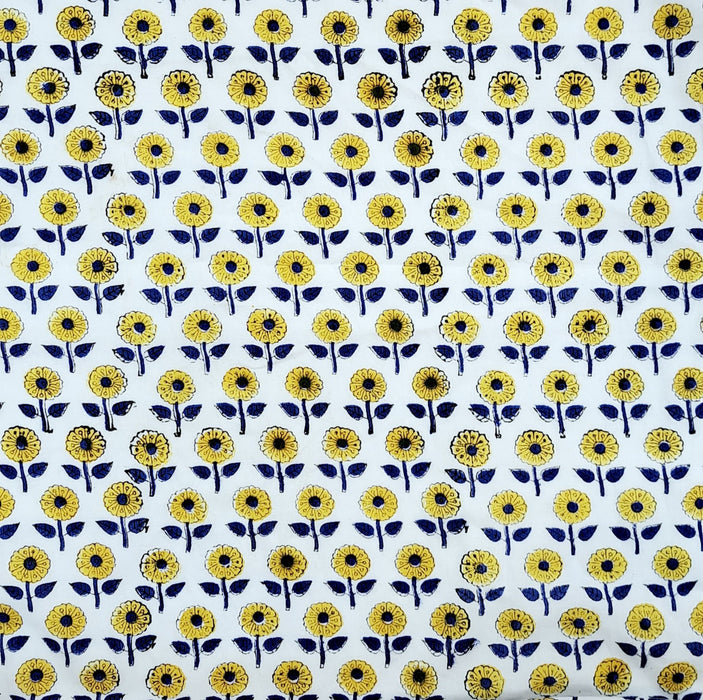 Block Printed Indian Cotton - Yellow Flower with Navy Leaves