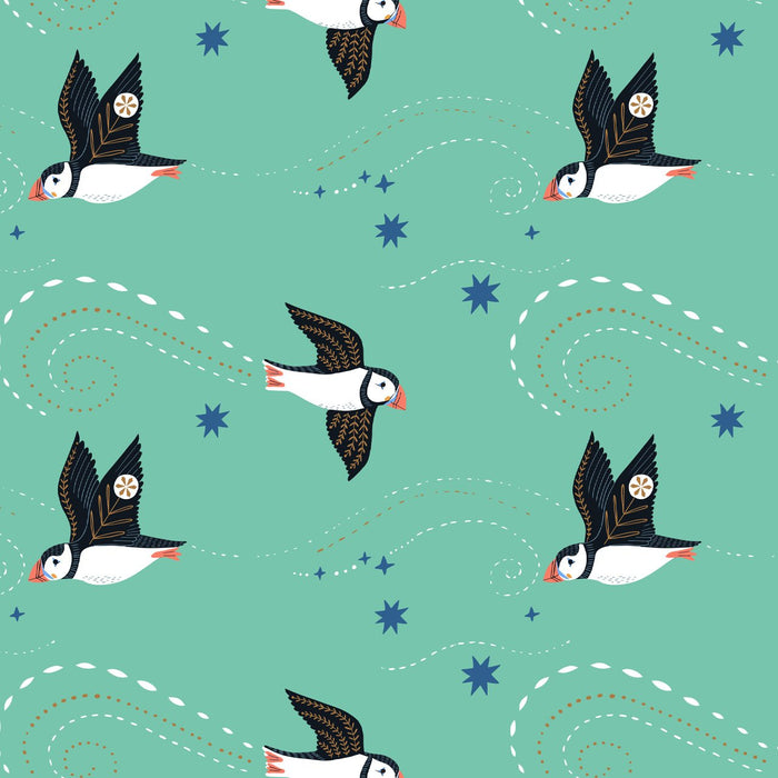 Arctic by Bethan Janine for Dashwood - Puffins in Mint with Metallic Accent