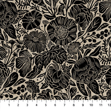 Figo In The Dawn Linen/Cotton blend - Large Flowers in Black