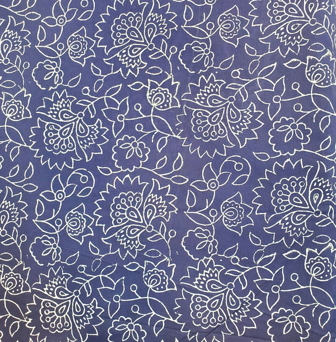 Block Printed Indian Cotton  - White Flowers on Blue