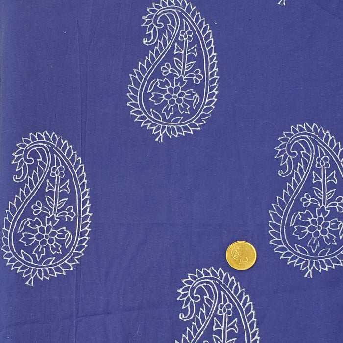 Block Printed Indian Cotton  - White Paisley on Blue