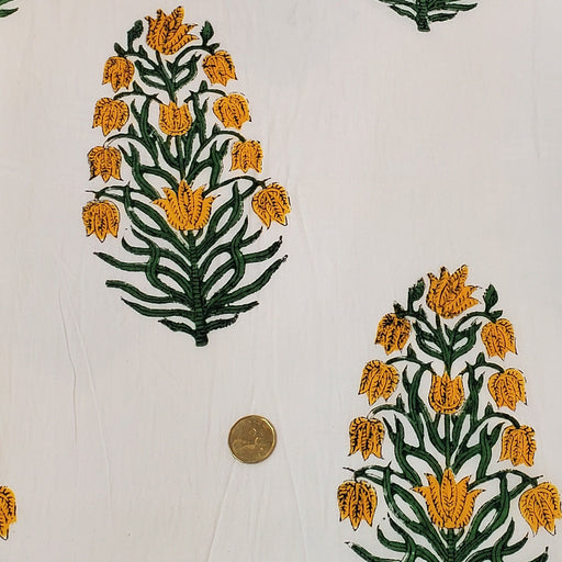 Block Printed Indian Cotton  - Yellow Branching Flower