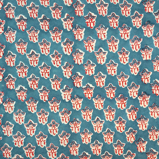 Block Printed Indian Cotton - Teal and Red Leaf