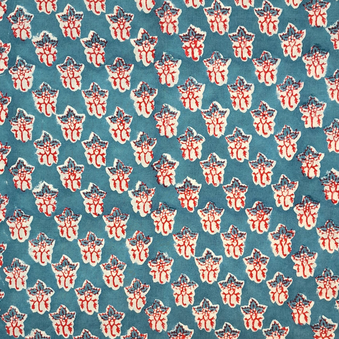 Block Printed Indian Cotton - Teal and Red Leaf