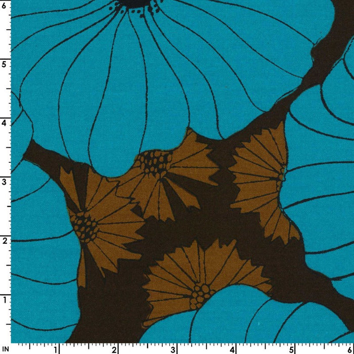 Kokka Retro Flower Cotton Sheeting - Border Print Blue and Brown