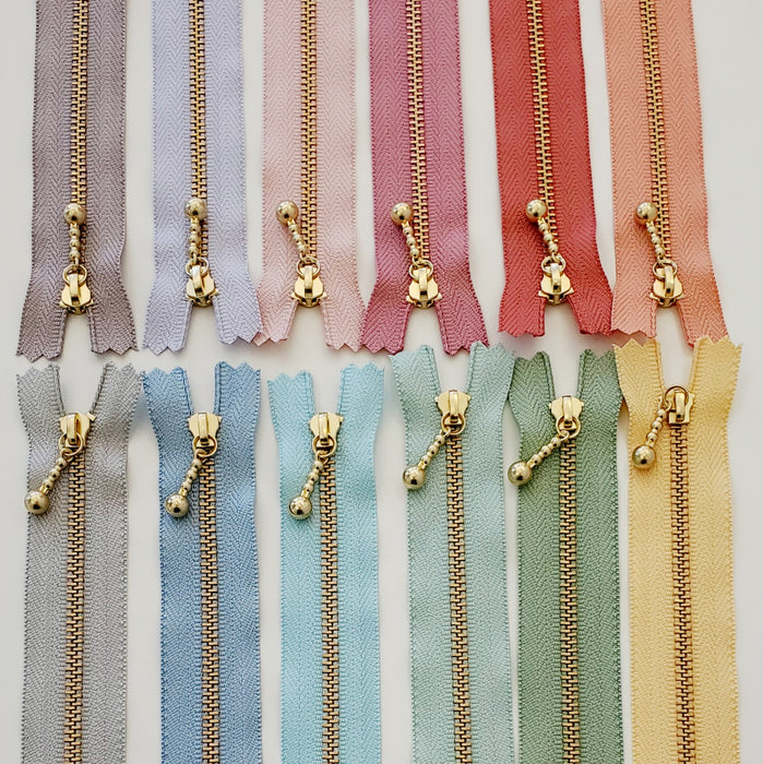 Pastel Ball Pull Metal Zippers - Gold in 25cm Lengths