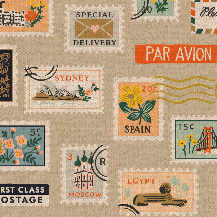 Rifle Paper Company Bon Voyage Unbleached Canvas - Postage Stamps in Natural Metallic