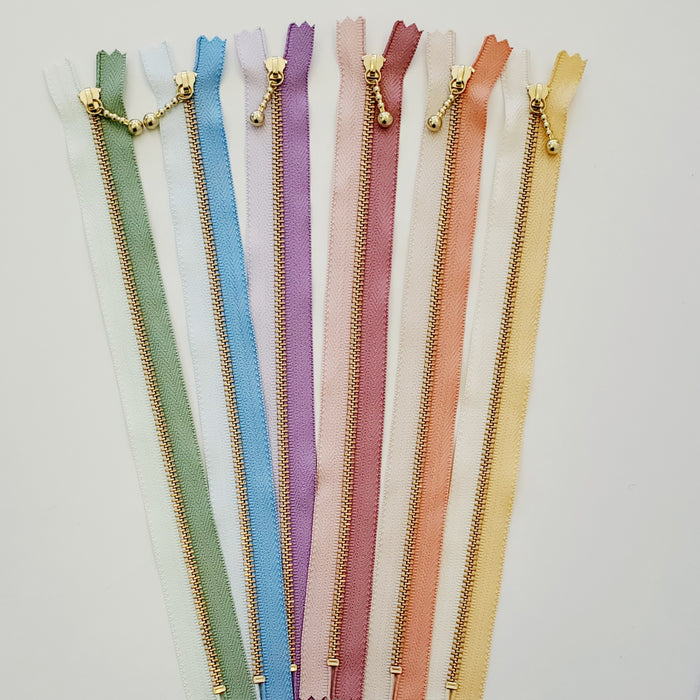 Two-Colour Ball Pull Metal Zippers - Gold in 25cm Lengths