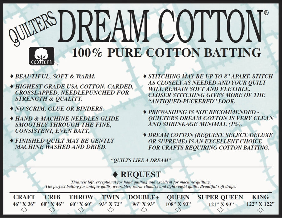 Dream Cotton Batting - "Request" Twin Size - White