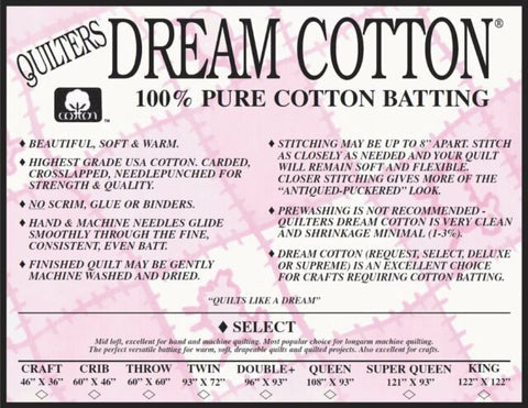 Dream Cotton Batting - Select Super Queen Size - White